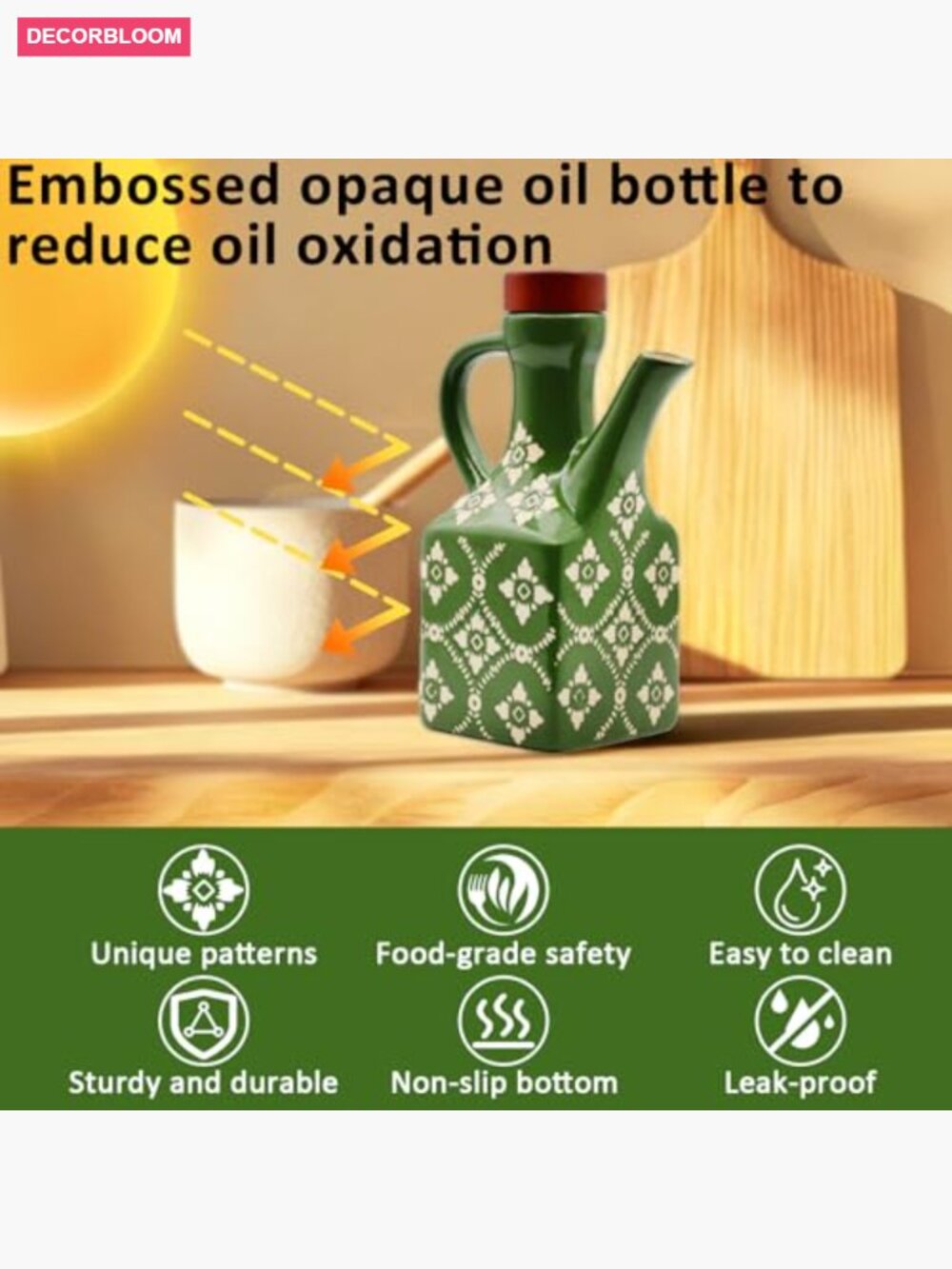 Ceramic Olive Oil Dispenser Bottle 8.5 oz Leakproof with Handle Wood Stopper - Picture 4 of 7